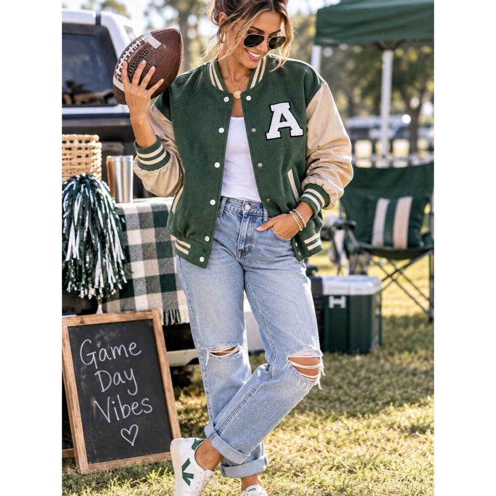 CIDER Green and Cream Varsity Letterman Jacket - A Patch